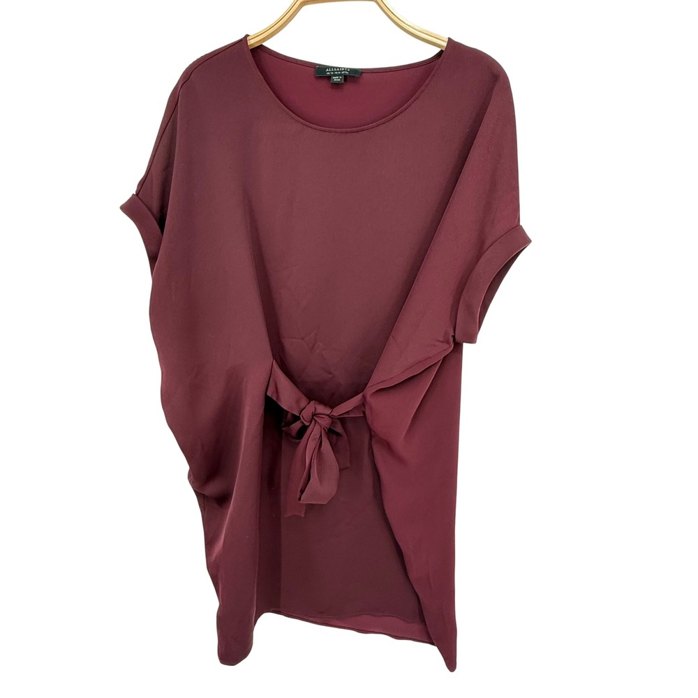 AllSaints Sonny Dress Womens 10 Burgundy Excellent Front Tie Draped WD671K